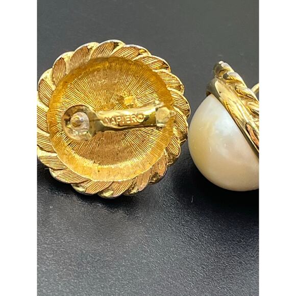 Napier Pierced Post Cream Large Faux Pearl Gold Tone Earrings Omega Backs - Picture 10 of 10